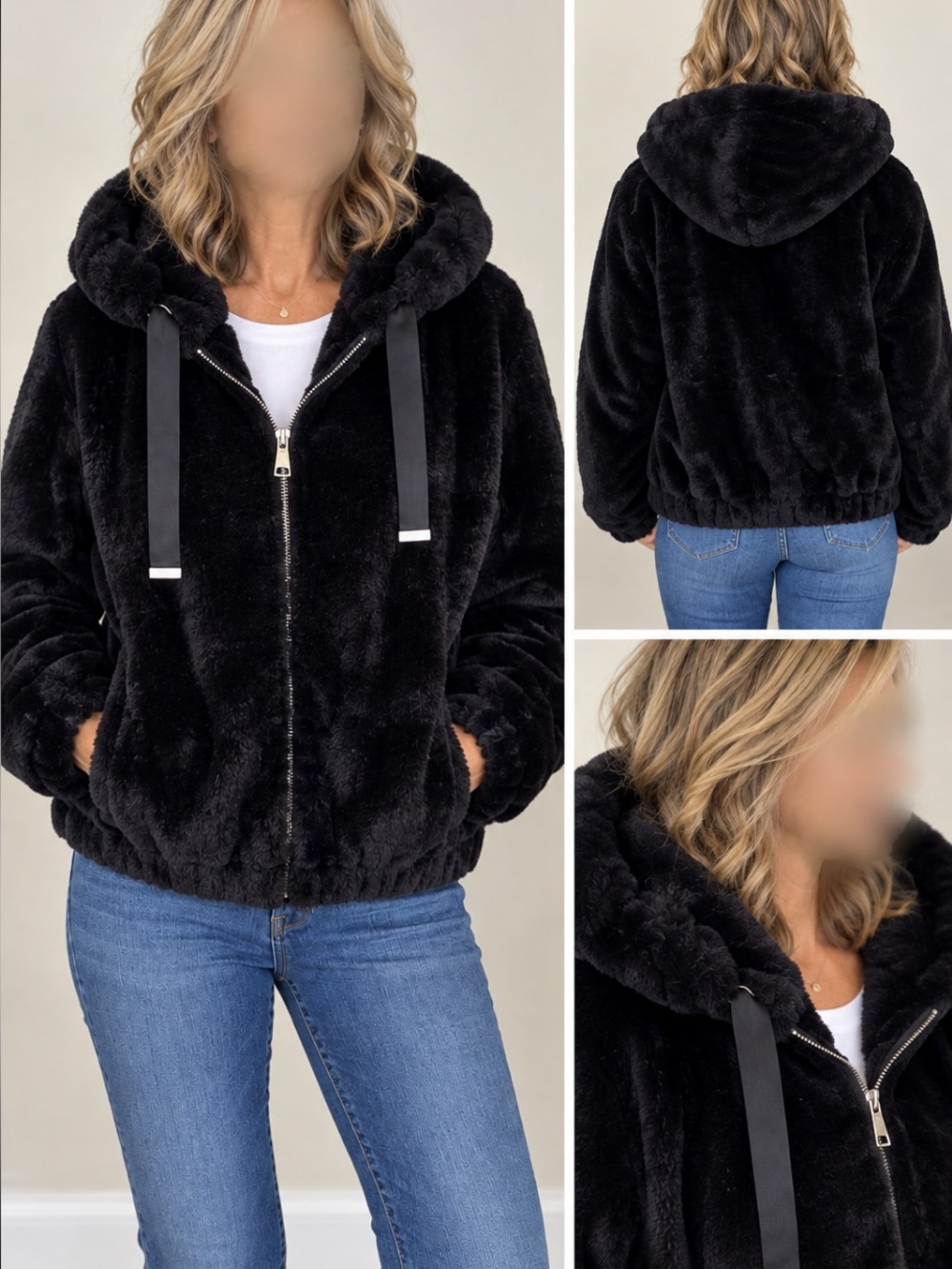 Rachel Zoe Black Plush Faux-Fur Hooded Jacket